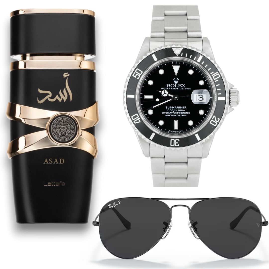 NUEVO COMBO ASAD + ROLEX PLATA + GAFAS RAYBAN