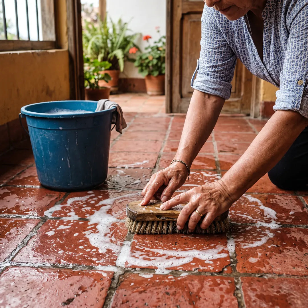 Lavando el piso de tableta con agua y jabón