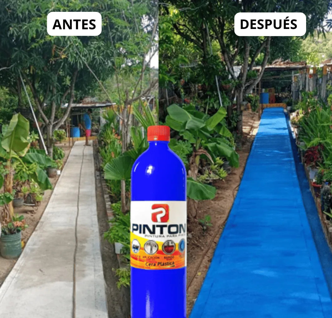 Sendero de cemento antes (gris) y después (azul con brillo)