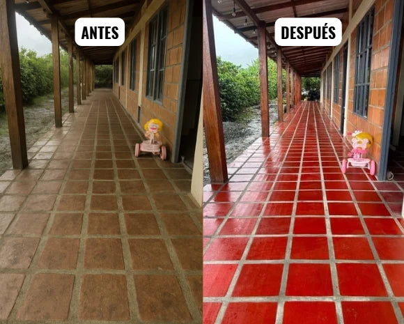 Corredor de baldosa antes (opaca y desteñida) y después (roja con brillo)